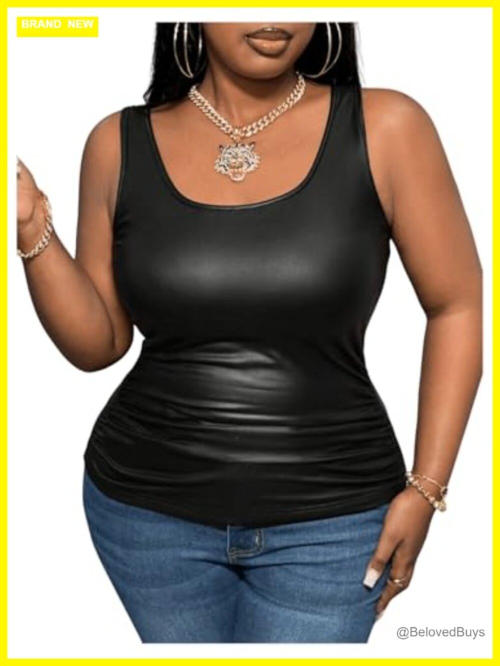 Plus Size Sleeveless PU Leather Tank Top Ruched Y2K Club Top